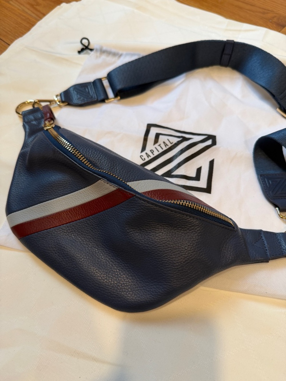 Capital Z.  Crossbody Belt Bag with Red and Gray Stripe. Like New.